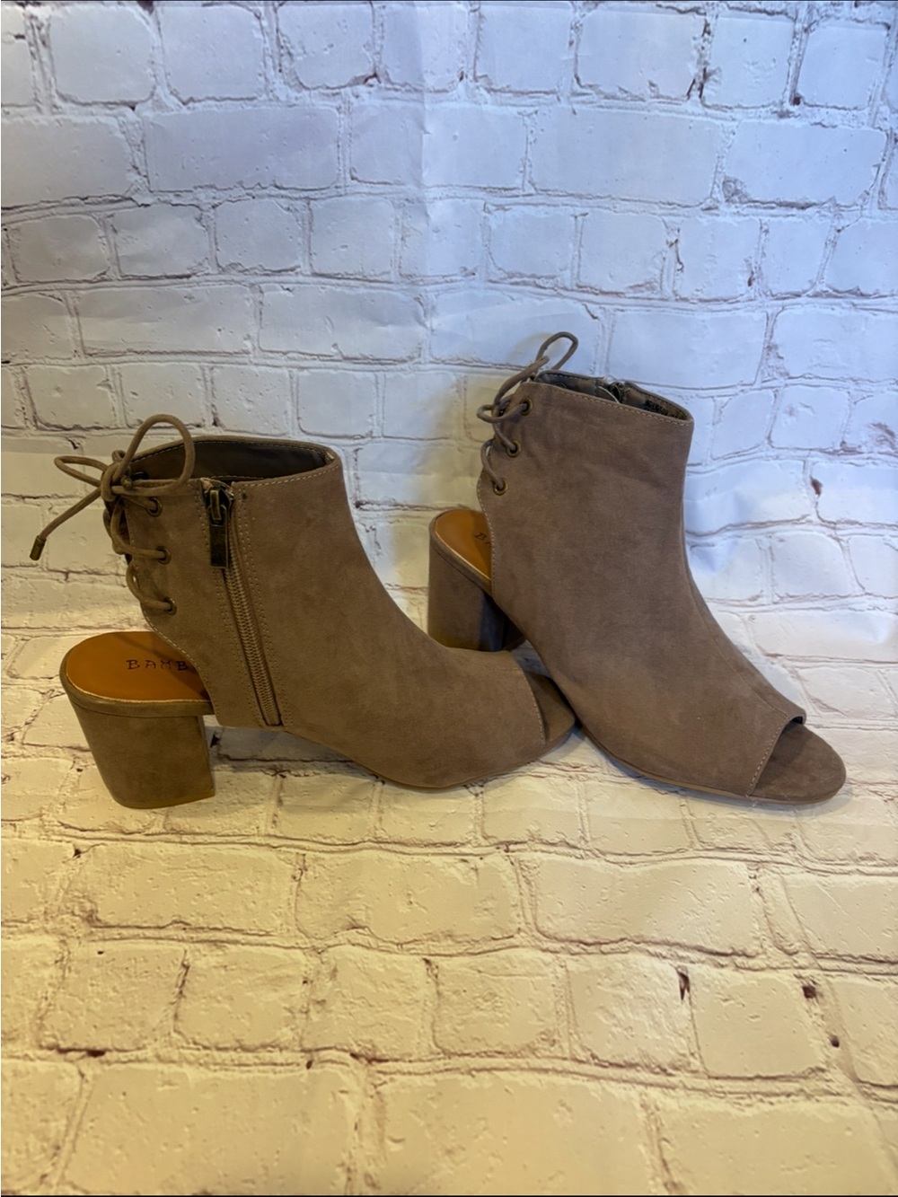 BAMBOO Taupe Open-Toe Lace-Back Block Heel Ankle Boots
